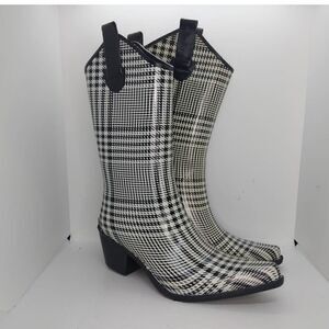 Corkys Black/Beige Plaid Womens Pre-owned Cowboy Style Rubber Rain Boots - sz. 7